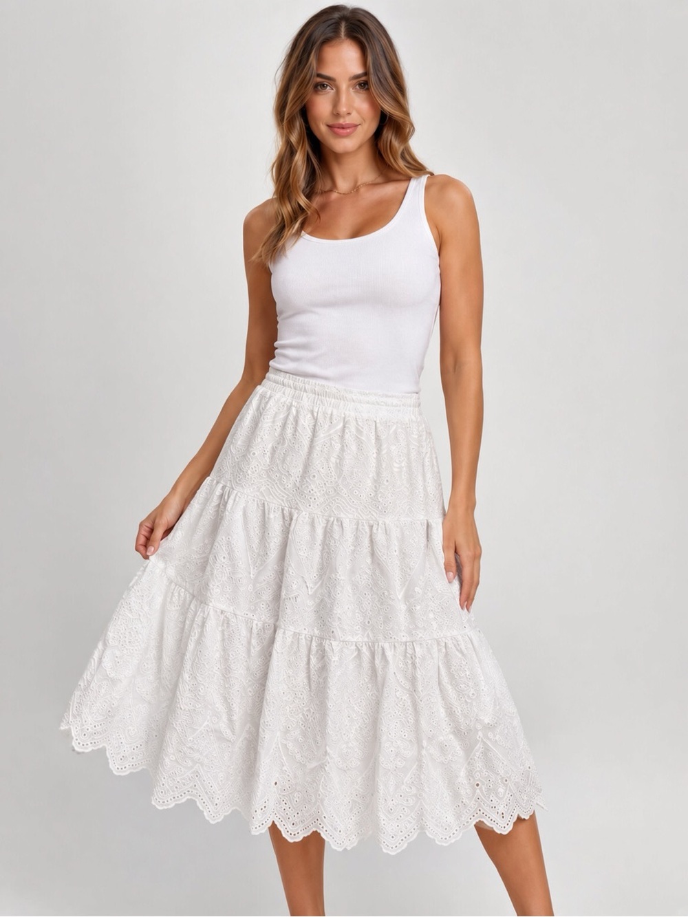 NWT WD.NY White Tiered Eyelet Midi Skirt 100% cotton
